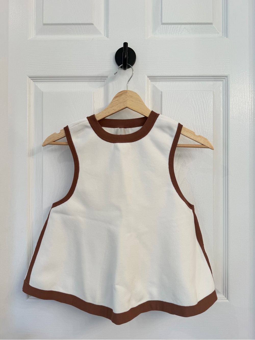 MAEVE Cream Knit A-Line Top with Brown Trim